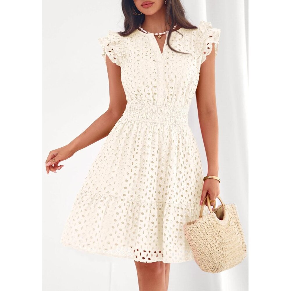 Women's Beige V Neck Eyelet Cap Sleeve Summer Beach Vacation Sundresseses - Picture 8 of 8